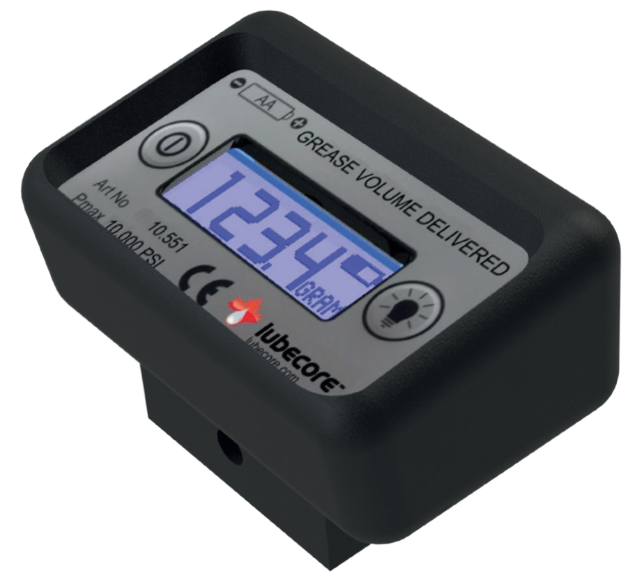 Lubecore grease volume delivered meter close up