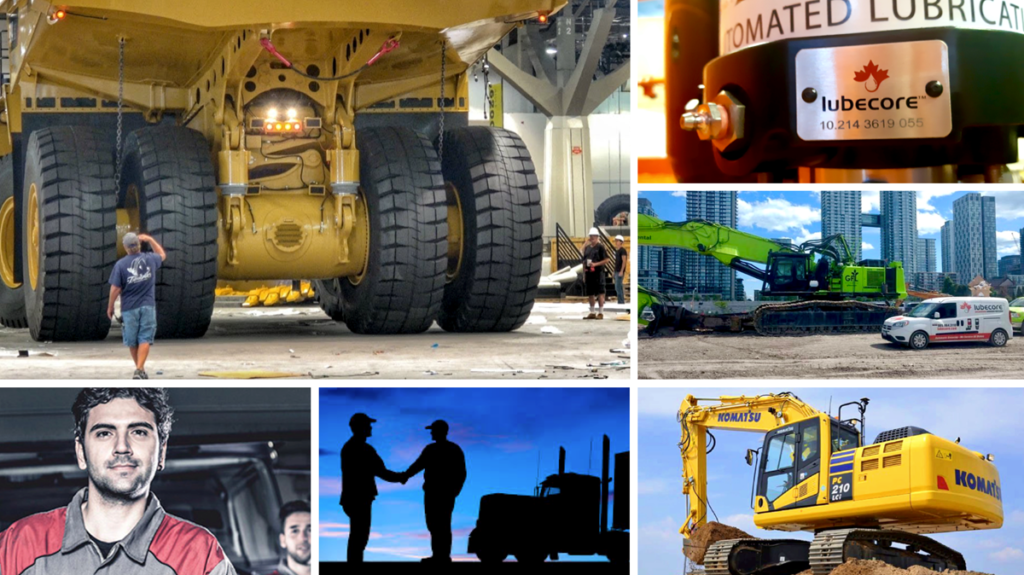 Collage of heavy equipment, lubrication pump, mobile equipment, lubecore vehicle, mechanic