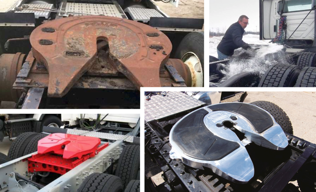 Collage of fifth-wheel plates on tractor-trailer combinations showing dry and greased differences